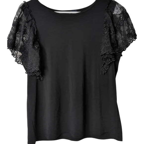 Adrienne Vittadini Black Lace Flutter Sleeve Blouse - Picture 2 of 5